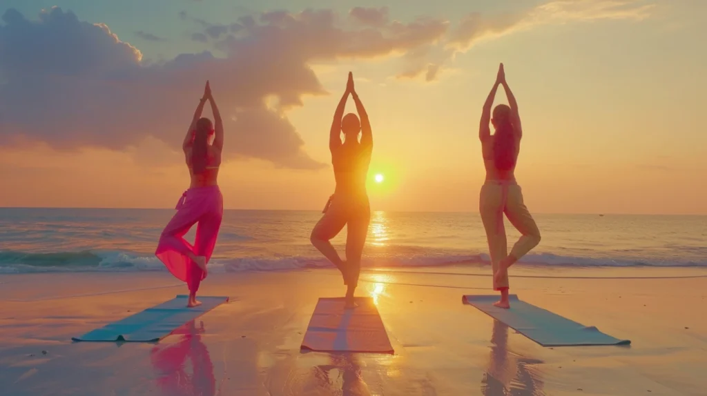 a group of people practising yoga teacher training by the beach in bali