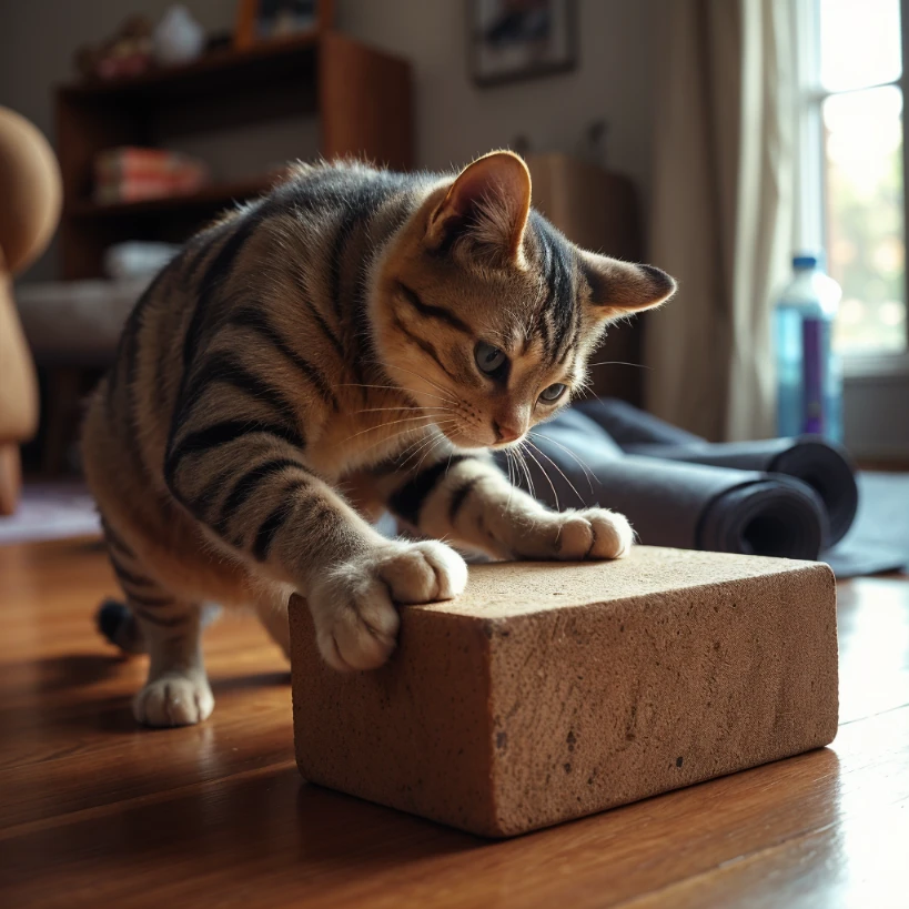 cat scratching a yoga block