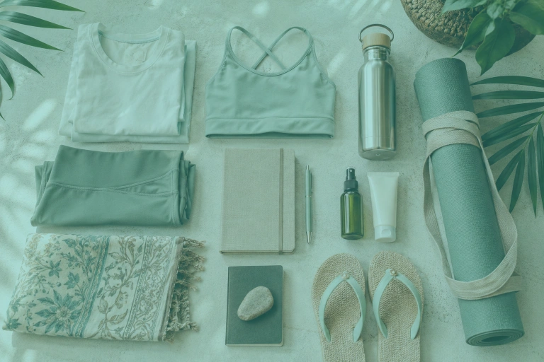 Yoga teacher training Bali packing list with yoga clothes, sarong, journal, passport, sunscreen, water bottle, and travel yoga mat.