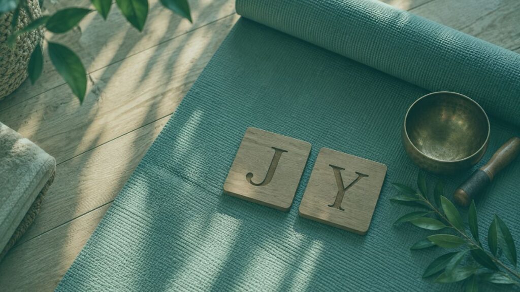 Two wooden letter tiles showing J and Y side by side on a teal yoga mat
